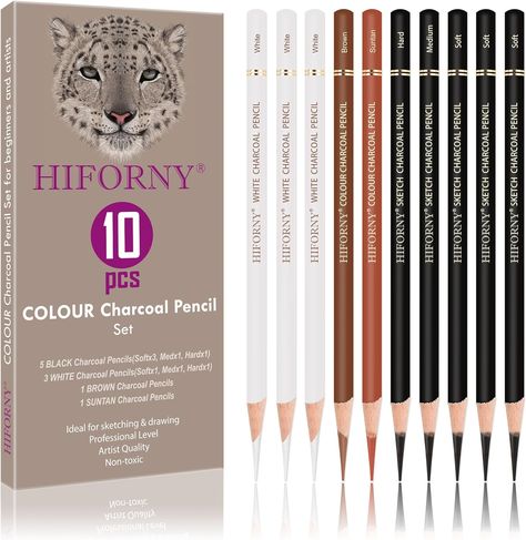 【Complete Charcoal Pencils Set】HIFORNY 10 Pieces Charcoal Drawing Set offers a range of colors specifically selected charcoal pencils,including 3 pcs white charcoal pencils,1 pcs brown charcoal pencil and 1 pcs suntan charcoal pencil,5 pcs black charcoal pencils(3 pcs Soft,1 pcs Medium,1 pcs Hard).Soft,thick,ultra smooth cores are perfect for shading and deliver an even color laydown. 【Premium drawing pencils】 Pencils For Sketching, Sketching Shading, Pencil Crafts, Chalk Pencil, Drawing Pencils, Artist Pencils, Charcoal Pencil, Wooden Pencil, White Pencil