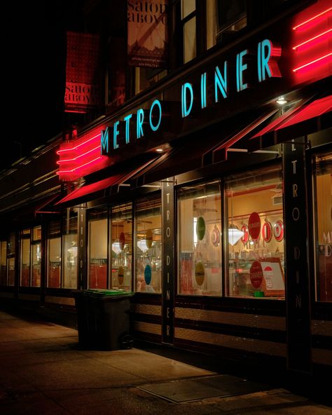 Metro Diner vintage sign at night, in the Upper West Side, Manhattan, New York Diner Aesthetic, Upper West Side Manhattan, Rail Transport, Hotel Motel, Upper West Side, Posters Framed, City Car, Manhattan New York, West Side