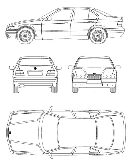 BMW 3 Series E36 Blueprint - Download free blueprint for 3D modeling E36 Tattoo, E36 Livery, Bmw Blueprint, Bmw E36 Sedan, Bmw E36 Touring, Draw Panda, Bmw E36 316i, Bmw E36 Compact, E36 Touring