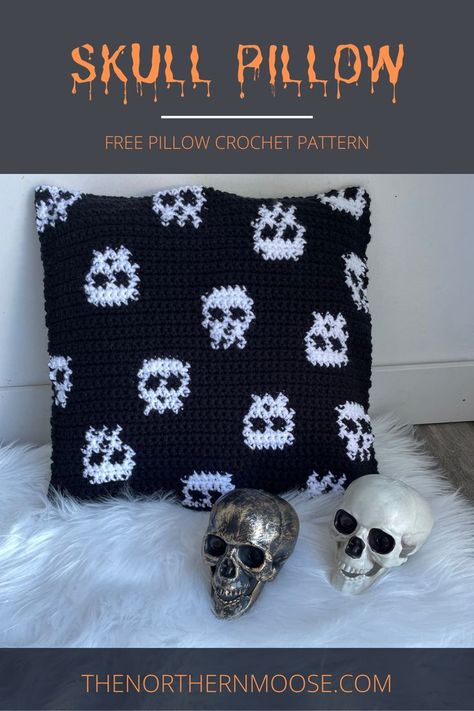 Crochet Halloween pillow! Perfect to add to your halloween decor this fall! Halloween Crochet Pillow, Crochet Pillow Patterns Free, Skull Pillow, Pillow Patterns, Crochet Baby Booties Pattern, Pillow Crochet, Crochet Skull, Dishcloth Crochet Pattern, Fall Pillow Cover