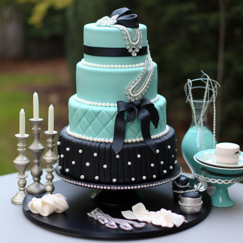 Elegant Breakfast at Tiffany's Inspired Cake for Bridal Shower Tiffany And Co Cake, Breakfast At Tiffanys Birthday Theme, Audrey Hepburn Cake, Breakfast At Tiffany's Aesthetic, Elegant Breakfast, Tiffany Bridal Shower, Audrey Hepburn Inspired, Tiffany's Bridal, Shot Book