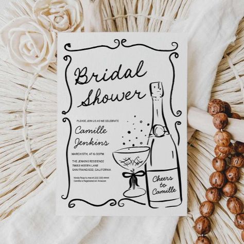 $1.98 | Champagne Bridal Shower Hand Drawn Invitation #champagne bridal shower, modern bridal shower, trendy bridal shower, wavy border, bold bridal shower invite, bubbly bridal shower, hand drawn invitation, black and white, brunch with the bride invite, vintage bridal shower Black And White Brunch, Brunch With The Bride, Bridal Shower Modern, Wedding Invitations Champagne, Hand Drawn Invitation, Classic Wedding Stationery, Retro Bridal Showers, Bold Wedding Invitations, Bridal Shower Champagne