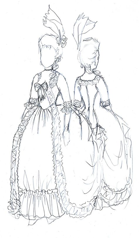 Rococo Atelier: Proper robe à la polonaise: Inspiration and some research Rococo Dress Pattern, Victorian Dress Drawing, History Drawings, Costume Design Sketch, Rococo Dress, Rococo Fashion, 18th Century Fashion, Dress Drawing, Arte Sketchbook