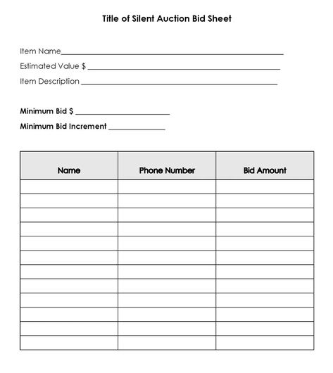 Free Bid Sheet Templates (Silent Auction) - Word, Excel, PDF Bid Sheets For Silent Auction, How To Do A Silent Auction, Silent Auction Forms Free, Silent Auction Bidding Sheets, Silent Auction Sign Up Sheet, Silent Auction Sheets Template, Free Silent Auction Bid Sheets Template, Silent Auction Bid Sheets Printable Free, Silent Auction Ideas