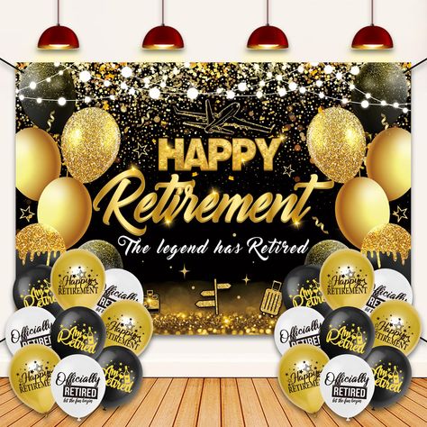 PRICES MAY VARY. Happy Retirement Decorations Include: A banner backdrop designed with a black and gold Happy Retirement logo and balloon elements, 4 brass holes on 4 corners with 32.8Ft long cords; plus 18 retirement style latex balloons in 3 colors, classic black, gold and white, adding an impressive aesthetic to retirement parties and a must-have decoration to create a memorable Happy Retirement atmosphere. Size: Happy Retirement background is 180 x 110 cm/5.9 x 3.6 Ft, each retirement party Happy Retirement Sign, Retirement Balloons, Retirement Party Favor, Balloons Decoration, Retirement Party Decorations, Happy Retirement, Retirement Party, Black White Gold, Party Decorations