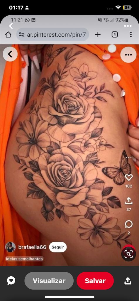 Leg Tattoos Women Roses, Thigh Tats For Black Women, Female Thigh Tattoos For Women, Thigh Tattoos Women Roses, Rose Thigh Tattoos Women, Thigh Piece Tattoo For Women, Rose Thigh Tattoos, Rose Hip Tattoo, Side Thigh Tattoos Women