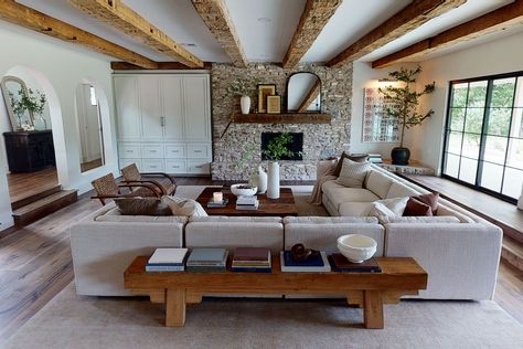 Tuscan Style Architecture, Hand Hewn Beams, Stone Accent Walls, Living Room Mantel, Built In Cabinet, Living Room Update, Room Update, Tuscan Style, Magnolia Homes