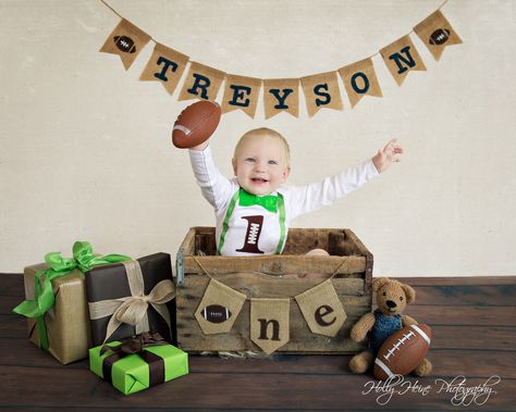 Football Birthday Pictures, First Down Football Birthday Photoshoot, First Down Photo Shoot, First Year Down Football Photoshoot, Football First Birthday Pictures, Football Cake Smash, 1st Birthday Boy Themes, Football First Birthday, Bday Pics