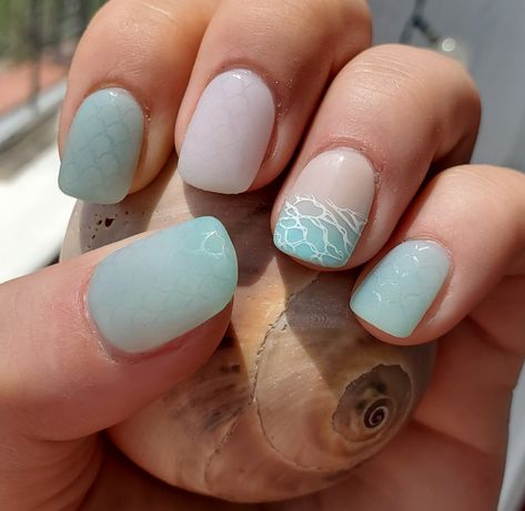 Dip powder sea glass collection by Revel Nails, design from stamping plate by maniology Seaglass Nail Art, Wave Dip Powder Nails, Sea Glass Nails Acrylic, Sea Glass Manicure, Beach Glass Nails, September Beach Nails, Beach Nails Dip Powder, Sea Glass Nail Design, Beachy Dip Nails