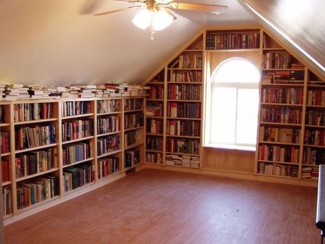 14 Charming Attic Libraries And Reading Rooms | BOOKGLOW Attic Shelving, Bookshelves Attic, Attic Library, Reading Rooms, Big Comfy Chair, Attic Office, Attic Renovation Ideas, Arch Window, Attic Room