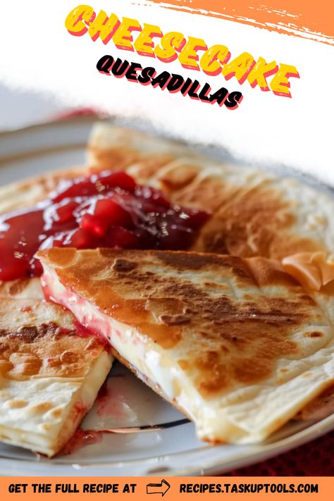 Dive into the unique fusion of flavors with our Cheesecake Quesadillas! With the heavenly combination of creamy cheesecake filling wrapped in crispy tortillas, drizzled with a touch of sweet sauce, it's the perfect indulgence for dessert lovers. Discover this easy-to-make recipe and add a twist to your usual dessert ideas. Save and give it a try soon! Flour Tortilla Desserts, Tortilla Dessert Recipes, Tortilla Desserts, Fruit Quesadilla, Dessert Quesadilla, Tortilla Dessert, Cream Cheese Cheesecake, Cinnamon Tortillas, Keto Tortillas