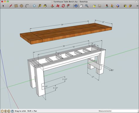 Farmhouse Bench - SketchUp model of the rustic farmhouse table bench with benchtop raised to show the construction and dimensions Farmhouse Bench Plans, Farmhouse Table Bench, Farm Table With Bench, Diy Bank, Trendy Farmhouse Kitchen, Build A Farmhouse Table, Farmhouse Table With Bench, Farmhouse Table Plans, Kitchen Table Bench