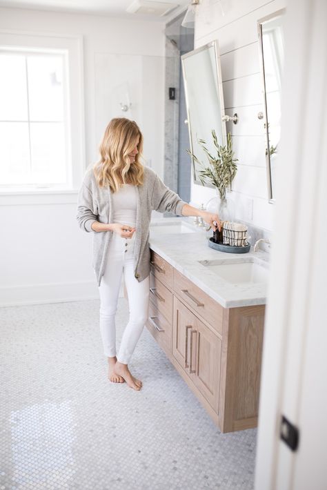 Our Primary Bathroom - Pure Joy Home Mcgee And Co Bathroom, Herringbone Bathroom Floor, Pure Joy Home, Mermaid Tile, Grey And White Bathroom, Blue Subway Tile, Bathroom Big, Neutral Flooring, Subway Tiles Bathroom