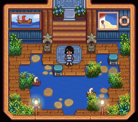 Stardew Decoration House, Stardew Valley Fish Tank Room, Stardew Valley Beach House Interior, Stardew Valley Krobus House, Stardew Valley Southern Room, Stardew Valley House Interior Blue, Stardew Valley Bathroom, Stardew Valley Aquarium Room, Stardew Valley Coop Interior