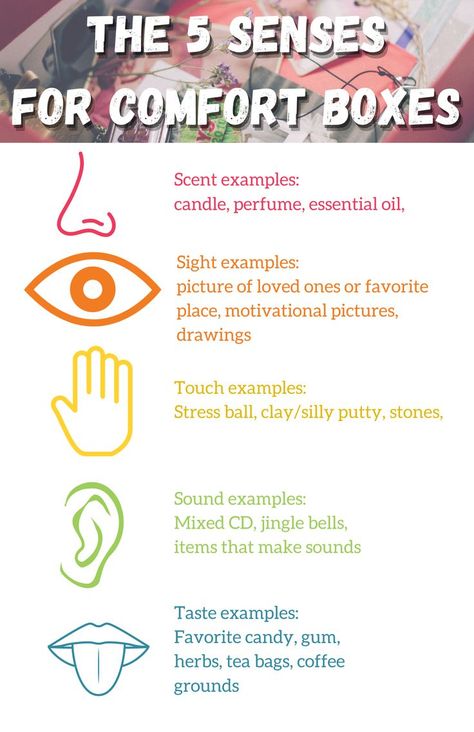 A helpful way to get thinking about what to include in our comfort box is to use our five senses as a guide to help with our emotional regulation skills. Using one’s senses can bring about feelings of being present and feeling grounded. Click the link in our pin to learn more! 5 Senses Meditation, Grounding With 5 Sense, Five Senses Grounding Technique, Art Therapy For Anger Management, Crystals To Stop Overthinking, Emotional Regulation Skills, Neruda Quotes, Our Five Senses, Feeling Grounded