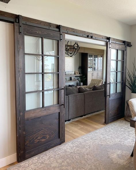 Sliding Wooden Doors Interior, Old Doors As Barn Doors, Large Doorway Ideas Room Dividers, Adding Doors To A Room, Barn Door Ideas Interior, Doors To Dining Room, Rustic Woodworking, Basement Living Rooms, Interior Sliding Barn Doors