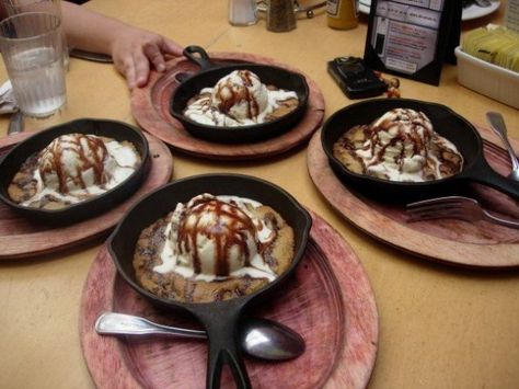 Recipe cut down to single serving cooking in the small cast iron skillets.  YUMM! Iron Skillet Cookie Recipe, Cast Iron Skillet Cookie Recipe, Cookies Cake Recipe, Cast Iron Skillet Cookie, Desserts To Share, Small Cast Iron Skillet, Skillet Cookie Recipe, Skillet Desserts, Cast Iron Skillet Cooking