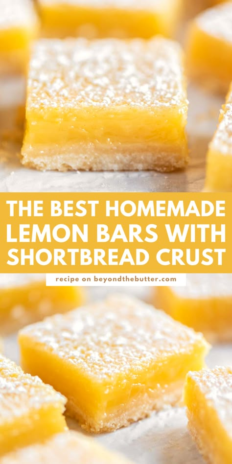 These Super Easy Lemon Bars combine a tart and tangy lemon curd filling with a buttery, shortbread crust. Made in an 8" x 8" baking pan, they make the perfect citrusy treat to enjoy with family, friends, or coworkers all year round! Find the full recipe on BeyondtheButter.com! Lemon Bars 9x13 Pan, Shortbread Crust Recipe, Lemon Desserts Bars, Bars With Shortbread Crust, Homemade Lemon Bars, Classic Lemon Bars, Best Lemon Bars, Lemon Bars Easy, Lemon Bars Recipe