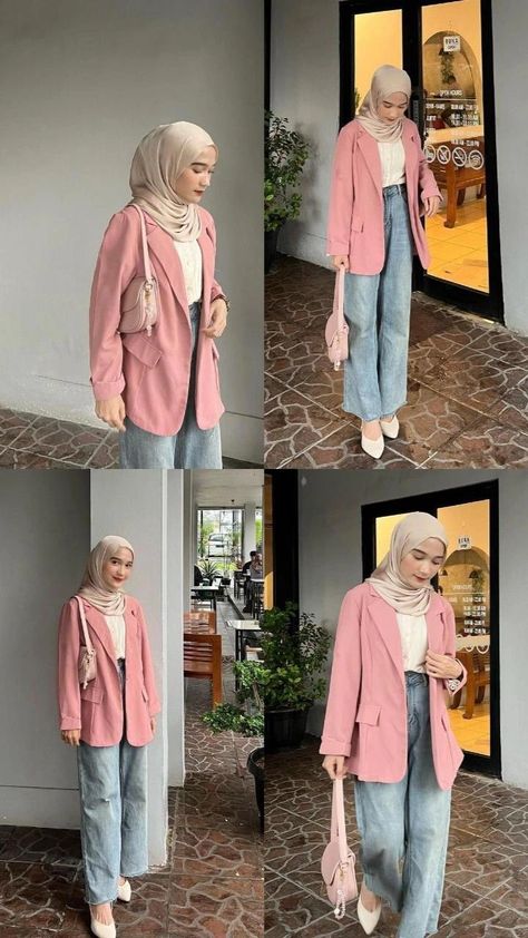 Ootd Blazer Hijab Casual, Mix And Match Pink Outfit Hijab, Outfit Pink Hijab Casual, Ootd Blazer Hijab, Blazer Outfits Hijab, Pink Blazer Jeans, Pink Outfit Hijab, Pink Hijab Outfit, Blazer Ootd