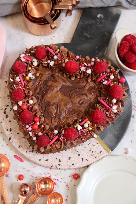 Heart Shaped Brownie Cake, Valentine’s Day Brownie Ideas, Valentines Day Brookie, Heart Shaped Brownies Valentines, Jane Patisserie, Janes Patisserie Chocolate Brownies, Chocolate Decoration, Whipped Ganache, Janes Patisserie