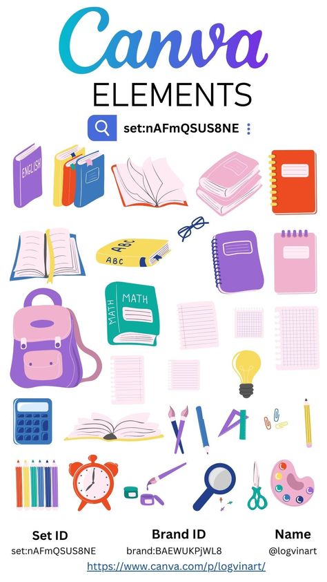 Back to school - canva elements plannerlovers Canva School Elements, Canva Inspiration, English Abc, Canva Codes, Canva Hacks, Canva Keywords, School Suplies, Library Themes, Facebook Post Design