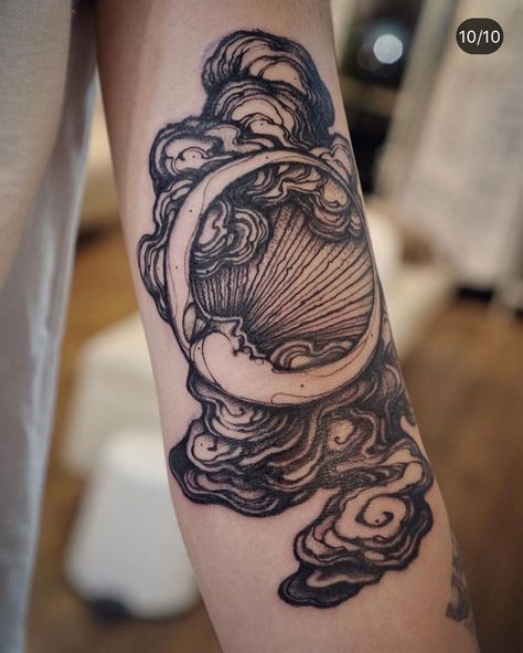 Classical Tattoos For Women, Forearm Sleeve Women Tattoo Ideas, Japanese Cloud And Moon Tattoo, Weather Tattoo Sleeve, Trippy Moon Tattoo, Moon Beam Tattoo, Large Moon Tattoo, Stormcloud Tattoo, Moon Stomach Tattoo