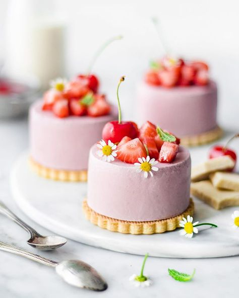 Strawberry and white chocolate mousse cake with sablé base 💗🌱  Recipe Mini Mousse Cake, White Chocolate Mousse Cake, Dairy Free White Chocolate, Mini Mousse, White Chocolate Mousse, Recipe Cake, Chocolate Mousse Cake, Dried Strawberries, Double Boiler