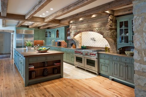 Rustic Farmhouse Kitchen with custom wood and stone range hood in Pennsylvania. I would want to change to cabinets to a stone color. Dapur Rustic, Rustic Farmhouse Kitchen Cabinets, Italian Farmhouse, Rustic Kitchen Cabinets, Farmhouse Kitchen Cabinets, Cabin Kitchens, Rustic Farmhouse Kitchen, Rustic Kitchen Design, Farmhouse Kitchen Design