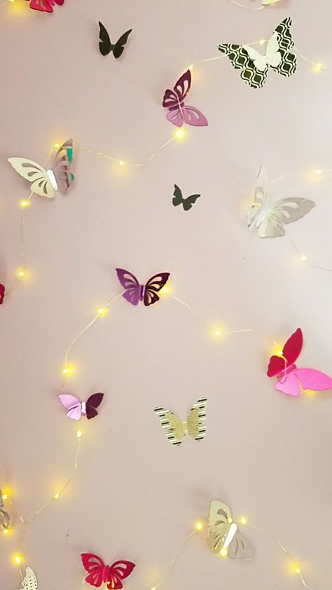 I made a really cool wall DIY made out of small string lights from Home Depot and stick on butterflies from Target Fairy Lights On Wall, Butterfly Lights, Horror Images, Diy Wall Hanging Crafts, Bday Decor, Butterfly Lamp, Butterfly Lighting, Wall Diy, Diy Butterfly