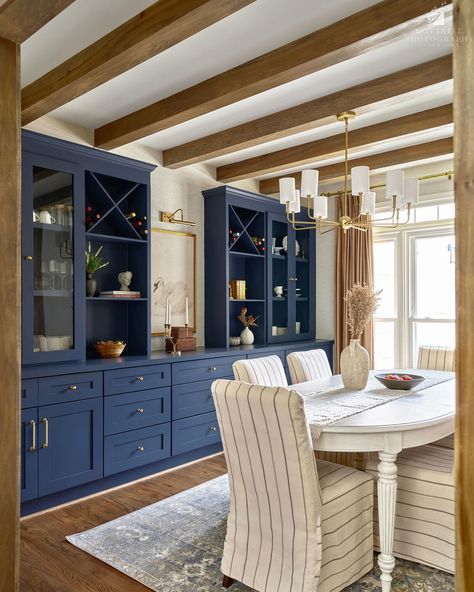 We transformed this office space back into a stunning dining room filled with character, our clients gorgeous style, and tons of storage ✨ Swipe to see the before… 🙌🏻 Design by: @meganpatersoninteriors Photography by: @cottrellphotography Off Center Dining Room, Dining Room To Office Conversion, Dining Room With Sitting Area, Dining Room Library Combo, Repurposed Dining Room, Dining Room To Office, Airy Dining Room, Dining Room With Built Ins, Dining Room Built Ins