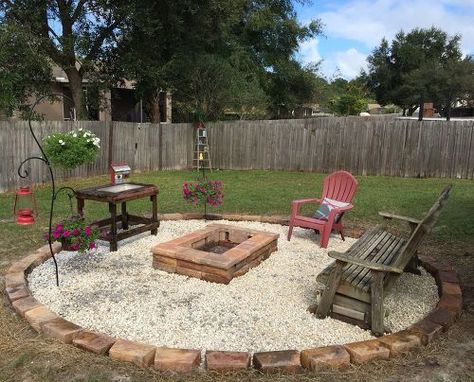 How to create a back yard oasis on a strict budget | Hometalk Diy Fire Pit Cheap, Backyard Firepits, Backyard Firepit Area, Fire Pit Plans, Outside Fire Pits, Pavers Backyard, Fire Pit Landscaping, Gravel Patio, Cool Fire Pits