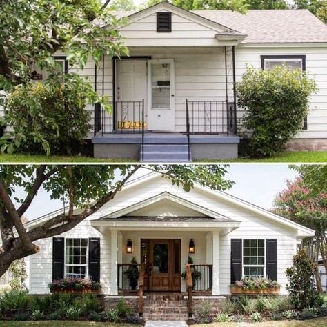 Before & After Porch Before And After Renovation, Ranch House Renovation Before After, Old Small House Renovation, Ranch Style Remodel Before And After, Small House Remodel Before And After, Cottage Renovation Before And After, Small Ranch House Exterior, Renovating Old Homes, House Exterior Before And After