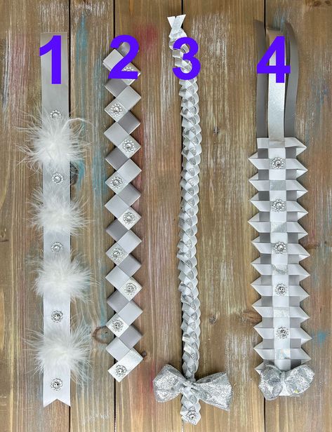 "I will not be able to offer free shipping because every order is different. IF SHIPPING PRICES ARE LOWER THAN SHOWN, I will refund you the difference 💖💖This listing is for add ons for homecoming mums, Ribbons with text, braids, loops, etc DETAILS These homecoming mum add ons are handmade so they might differ slightly. Trinkets are made with multi-layered cardstock so they are pretty sturdy. All pieces of Trinkets are cut and glued. These are not printed. Colors can be changed. HOW TO ORDER Wh Homecoming Mum Head Ideas, Small Mums For Homecoming, Homecoming Mum Base, Mum Ribbon Ideas, Senior Mums Homecoming White, Mum For Homecoming, Hoco Braids, Homecoming Mums Ideas Unique, Texas Mums Homecoming