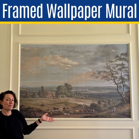 Wallpaper As Artwork, Framed Mural Wall Art, Framed Wall Mural Ideas, Box Molding With Wallpaper, Framed Wallpaper Mural Diy, Wall Mural Framed, Framed Mural Wallpaper, Wainscoting Mural, Framed Wallpaper Mural