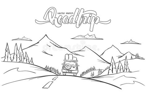 Vector illustration: Hand drawn mountains landscape with rides car and handwritten lettering road trip. royalty free illustration Road Trip Drawing, Drawing Road, Trip Drawing, Drawn Mountains, Road Drawing, Mountain Sketch, Handwritten Lettering, Mountain Drawing, Road Trip Car