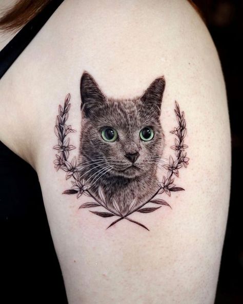 Cat And Floral Tattoo, Cat Portrait Tattoo Designs, Grey And White Cat Tattoo, Black And White Cat Portrait Tattoo, Cat Portrait Tattoo Black And Grey, Black And Gray Cat Tattoo, Realistic Cat Tattoos, Cat Tattoo Floral, Cat Portrait Tattoo Frame