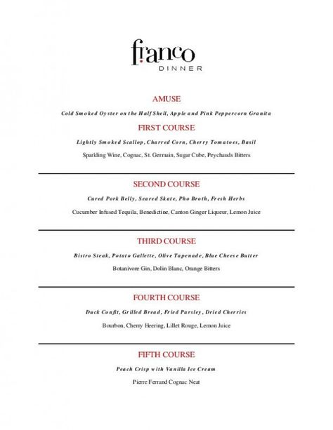 Franco's Five-Course Cocktail Menu 5 Course Meal Menu Ideas With Wine, 5 Course Tasting Menu Ideas, Wine Pairing Dinner Menu Design, Five Course Meal Menu Dinners, 5 Course Dinner Menu Ideas, Five Course Meal Ideas, 3 Course Dinner Menu Ideas, Private Chef Menu Ideas, 5 Course Meal Menu Ideas