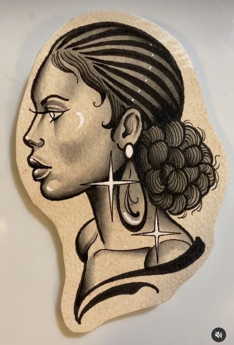 African American Traditional Tattoo, Afro Traditional Tattoo, Afro Americana Tattoo, Woman Head Tattoo, Black Woman Tattoo, Traditional Tattoo Woman Face, Traditional Tattoo Girls, Afro Tattoo, Black People Tattoos