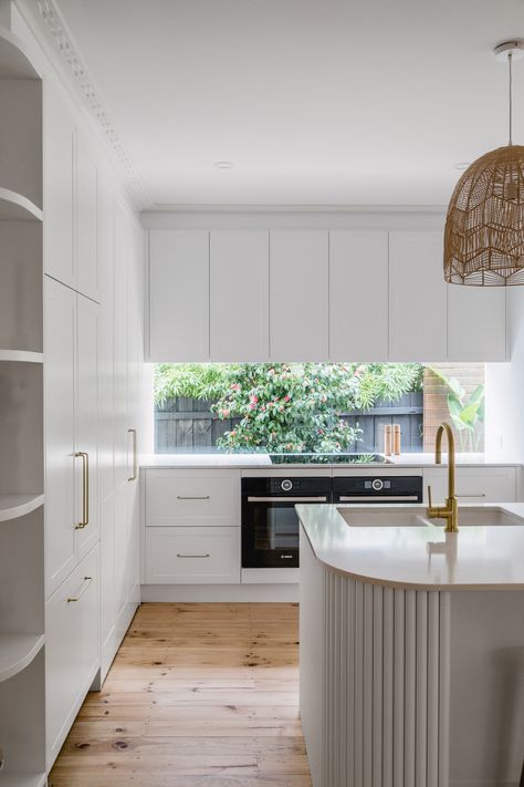 Vj Panelling Kitchen Cupboards, Window Splashback Kitchen, Curved Benchtop, Vj Panelling Kitchen Island Bench, Hampton Kitchen Splashback, Quartz Upstand And Splashback, White Kitchen Shaker, White And Timber Kitchen, Queenslander Homes Exterior