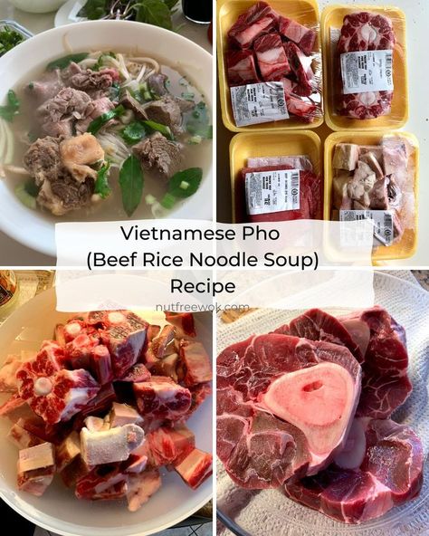 collage of beef pho with various beef ingredients Spicy Beef Pho Recipe, Vietnamese Pho Soup Recipe Beef, Pho Beef Recipe, Homemade Beef Pho, Beef Pho Broth Recipe, Beef Rice Noodle Soup, Beef Pho Recipe Authentic, Beef Pho Recipe Easy, Pho Tai Recipe