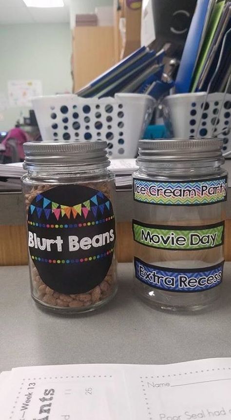 Blurt Beans. The latest global-craze for targeting shouting-out/blurting Each pupil starts the day with 5 beans; if they shout-out/blurt they lose a bean to the 'Blurt Jar'; all remaining beans are placed in the 'Reward Jar' at the end of the day Blurt Beans, Classroom Routines And Procedures, Classroom Discipline, Classroom Organization Elementary, Classroom Planning, Classroom Anchor Charts, First Year Teaching, Classroom Management Tool, Classroom Management Strategies