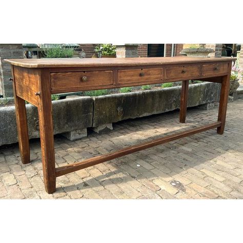 Superb Antique French Refectory or Farmhouse Side Table in Pine wood with 4 drawers.  It has exactly the great lived-in look with a warm color patina, beveled corners and legs and with wooden connections.  The beautiful top has old signs of wear, the table as a whole has a very lively appearance.  Very decorative and practical in the kitchen as a side (work) table or in a spacious hall or living room.    In good condition, sturdy construction, heavy quality wood. Primitive Console Table, Farmhouse Cottage Furniture, Antique Kitchen Work Table, Antique Table As Kitchen Island, Large Kitchen Work Table, Antique Work Table Kitchen Islands, Antique Hall Table, Kitchen Work Table Island, Antique Table Kitchen Island