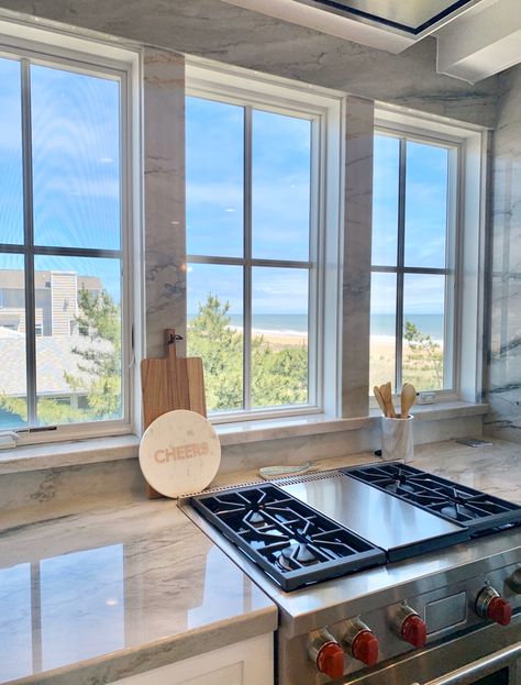 Kitchen Design Tip: Take your countertop up the wall! Here we used 2" thick Sea Pearl #quartzite for a #marble look without the maintenance.  #kitcheninspiration #kitcheninspo #kitchendesign #coastalkitchen Sea Pearl Quartzite Countertops, Sea Pearl Quartzite, Kitchen With A View, Beach House Renovation, Villa Project, Spring Kitchen, Delaware Beaches, Condo Kitchen, In Harmony With Nature