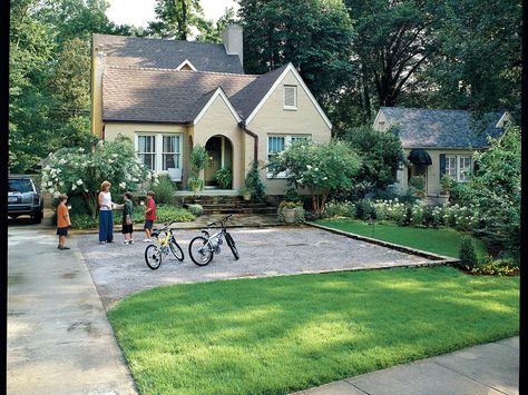 Make an Entrance | Boost the value and appeal of your home with a front yard makeover. White Flowering Trees, Gravel Parking, Evergreen Landscape, Yard Makeover, Living Pool, Driveway Ideas, Driveway Design, Driveway Landscaping, Front Yard Design