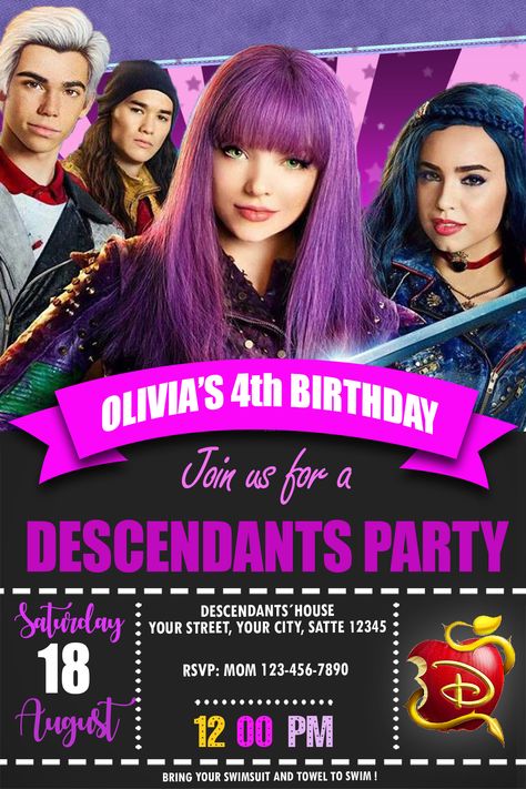 DESCENDANTS BIRTHDAY PARTY INVITATION #BIRTHDAY #PARTY #INVITE #BIRTHDAYPARTY #BIRTHDAYINVITATION #BIRTHDAYINVITE #PAPERGOODS #DESCENDANTS #DESCENDANTSINVITATION #DESCENDANTSPARTY #DESCENDANTSINVITE #DESCENDANTSPRINTABLE #DESCENDANTSBIRTHDAY Descendants Birthday Invitations, Descendants Party Ideas Birthdays, Chalkboard Party, Disney Descendants Party, Birthday Party Locations, Dog Birthday Invitations, Descendants Party, Theme Harry Potter, 2nd Birthday Invitations