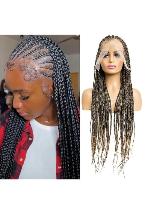 PIB 24&#34; - Single Full Lace Wig - Fulani Cornrow Box Braided Wig with Baby Hair Lace Front Synthetic Knotless Braided Wigs for Black Women (1B27, Off Black and Light Brown) Braided Wigs For Black Women, Box Braid Wig, Braided Wigs, Braided Wig, Cornrow, Braids Wig, Hair Lace, Hairstyles Ideas, Womens Wigs