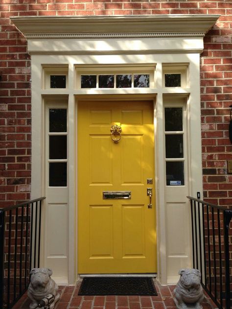 Front door colors Mustard Front Door Brick House, Yellow Front Door Red Brick House, Golden Yellow Front Door, Red Brick Yellow Door, Yellow Entry Door, Red Door Yellow Door, Yellow Front Doors, Red Front Door, Yellow Doors