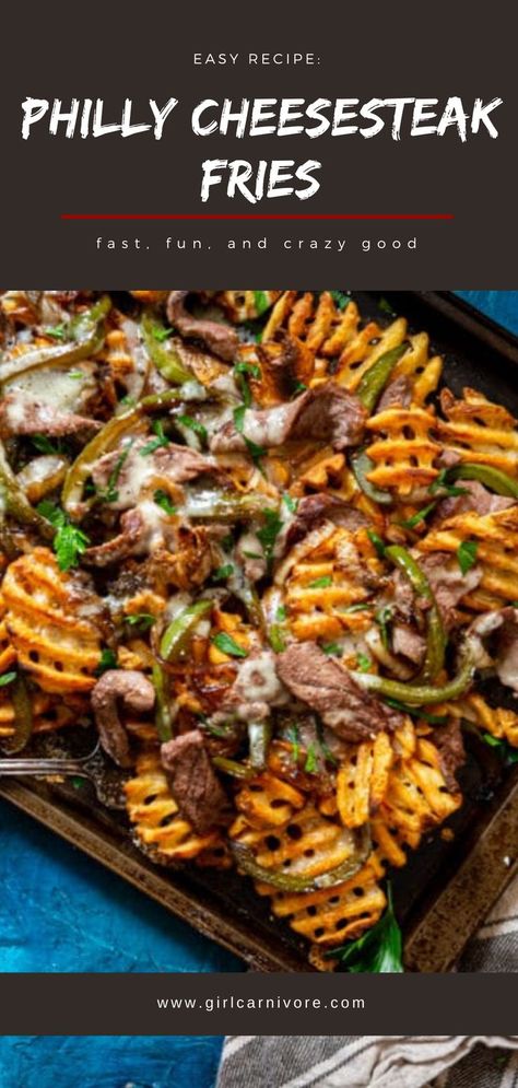 These loaded fries are so easy to make and crazy good! Loaded Philly Cheesesteak Fries with sliced rib eye steak #recipe #appetizer #footballrecipe Cheese Steak Fries, Philly Cheesesteak Fries, Cheesesteak Fries, Loaded Fries Recipe, Meat Ideas, Dirty Fries, Carnivore Recipes, Cheesesteak Recipe, French Fries Recipe