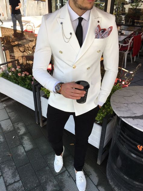 3 Piece Suit Men Classy, Black Suit Prom, Mens White Suit, Men Suits Wedding, Suit Prom, Suit Groom, Prom Suits For Men, Prom Suit, Black And White Suit