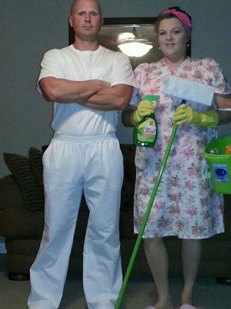 Mrs & Mr Clean Halloween 2013 Bald Man Halloween Costume Ideas, Mr Clean Halloween Costume Couples, Cleaning Lady Costume, Bald Couple Costumes, Mr Clean Couples Costume, Bald Costume Ideas, Mr Clean Halloween Costume, Bald Halloween Costumes, Housewarming Outfit